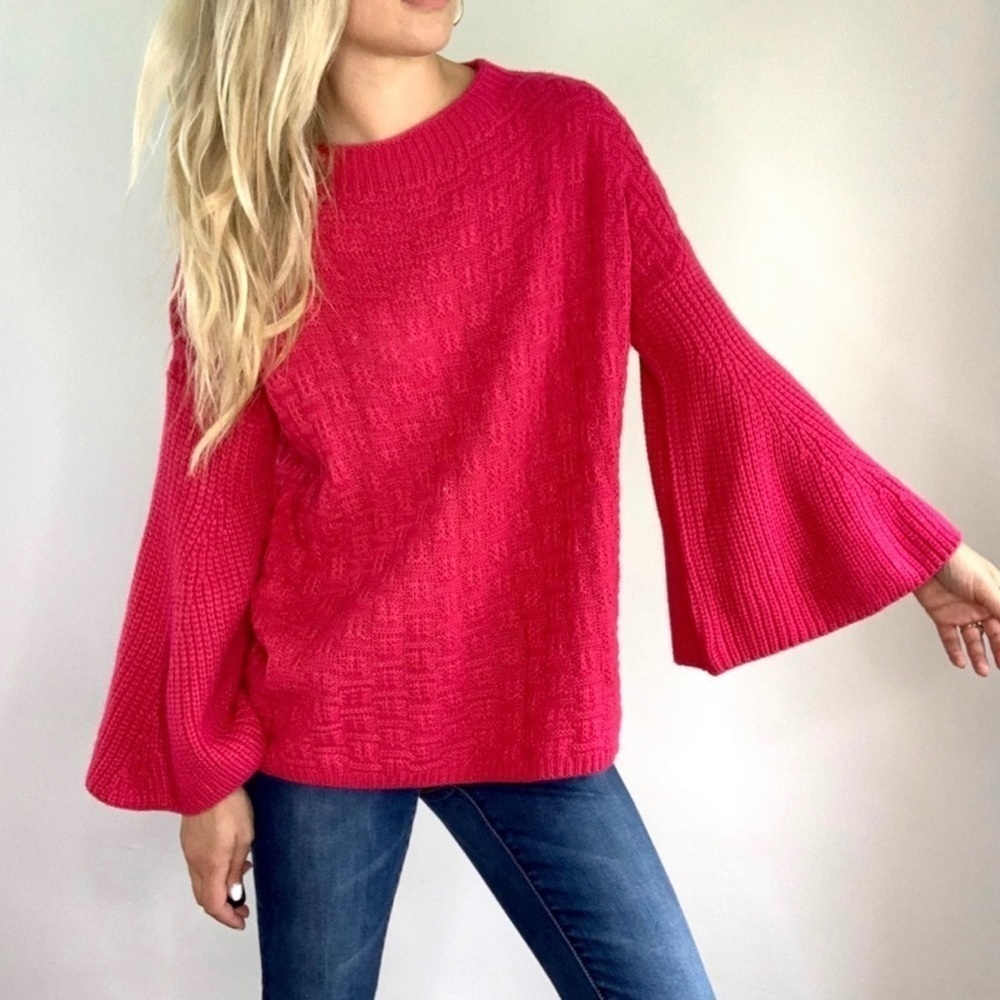 Umgee fuchsia Pink Bell Sleeve Chunky Knit Sweater size L loose oversized barbie